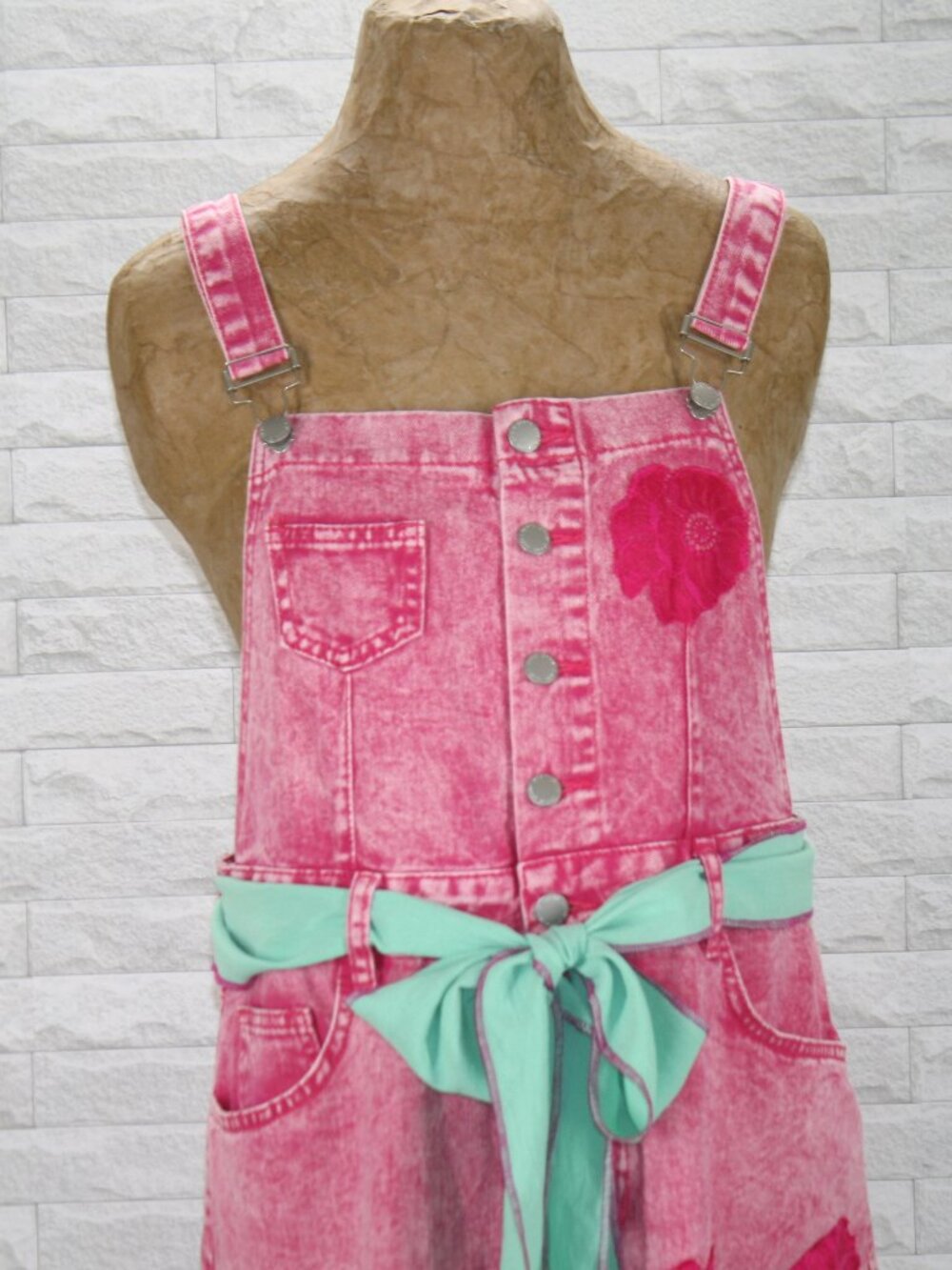 HAND CRAFTED Overalls Denim Jean Dress Upcycled Retro Boho Floral Pink Large - Picture 2 of 16